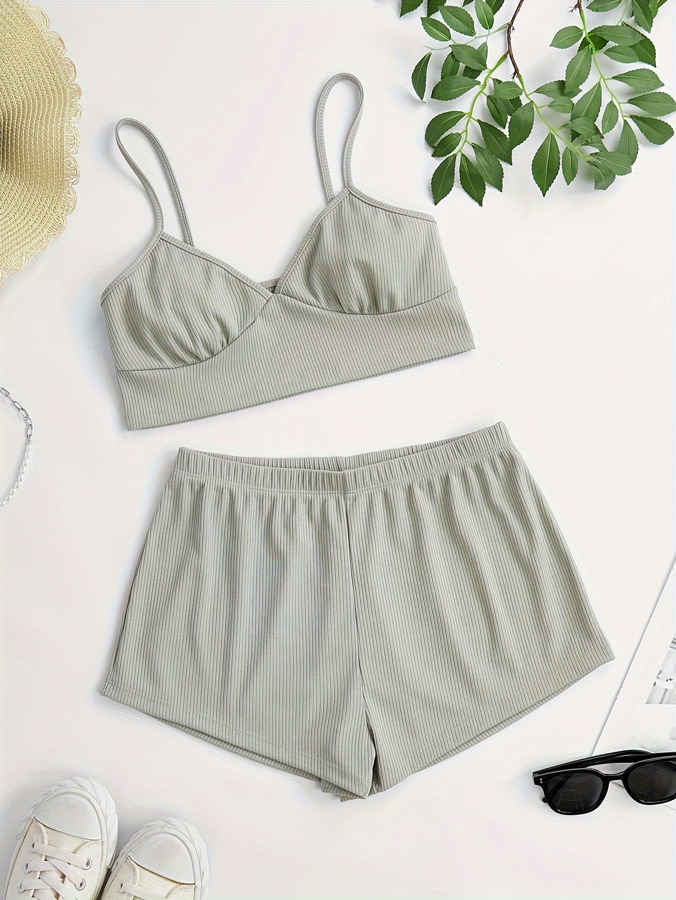 Ribbed Pajama Set V Neck Cami Top & Elastic Waistband Shorts