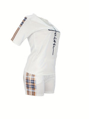 Plaid Two-piece Set Faith Print Tops & Workout Shorts Outfits