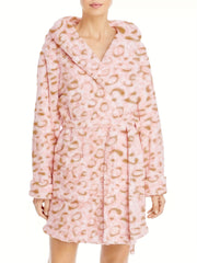 Leopard Pattern Hooded Flannel Robe with Pockets