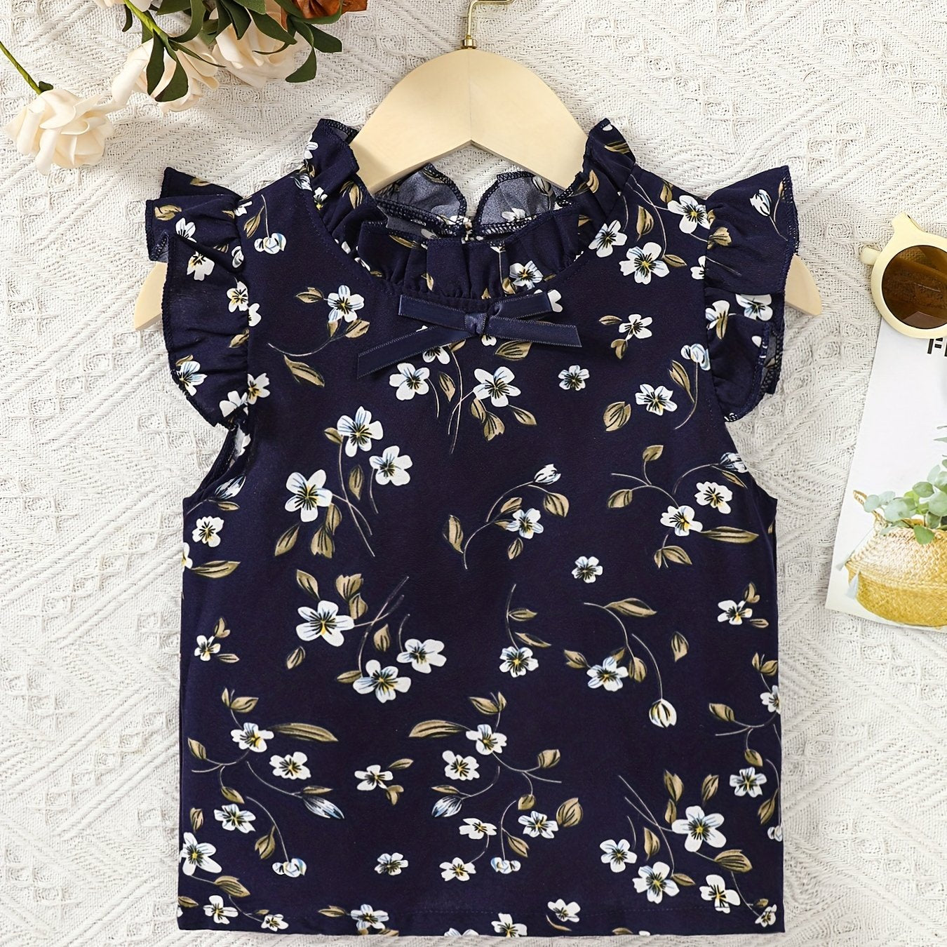 Girls Ruffle Sleeve Flowers Graphic Frill Trim Neck Bow Blouse Top