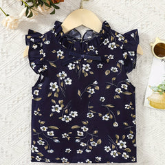 Girls Ruffle Sleeve Flowers Graphic Frill Trim Neck Bow Blouse Top