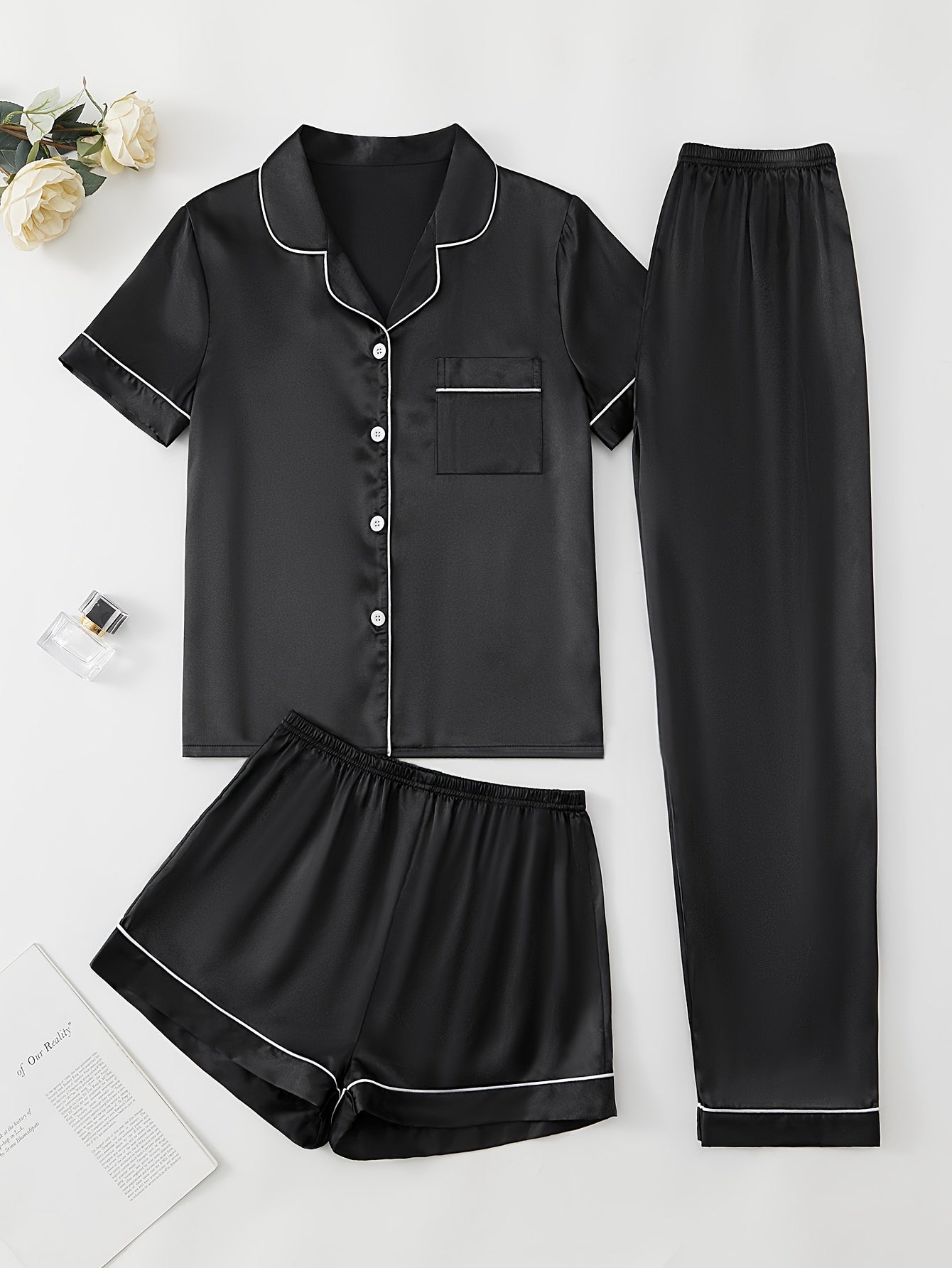 Satin Pajamas Set Short Sleeve Top & Shorts & Pants