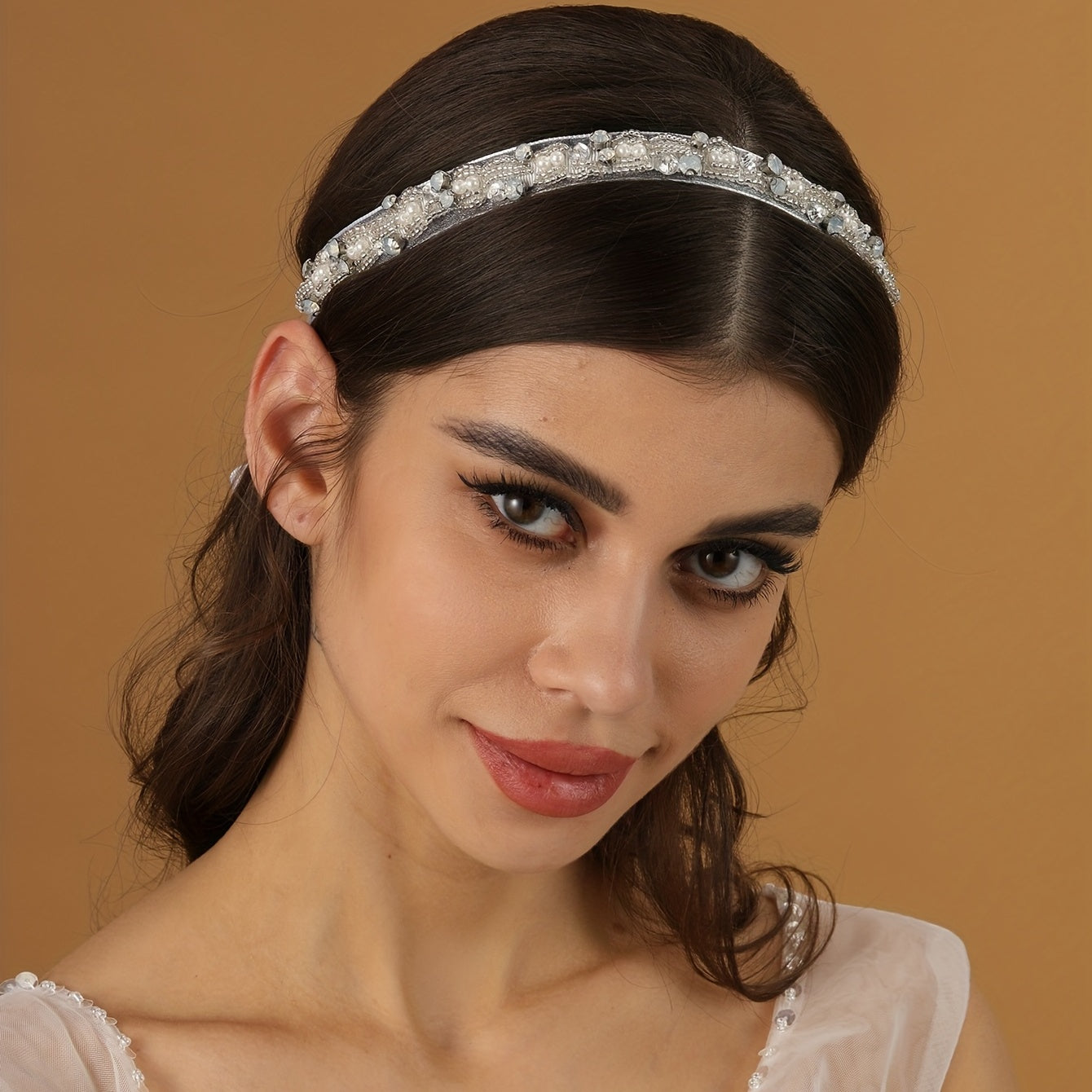 Rhinestone Faux Pearl Headband Crystal Beads Tiara With Ribbon