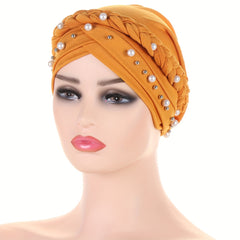 Faux Pearl Beads Turban Hijab Cap Twist Braid Head Scarf Solid Ramadan Head Wrap