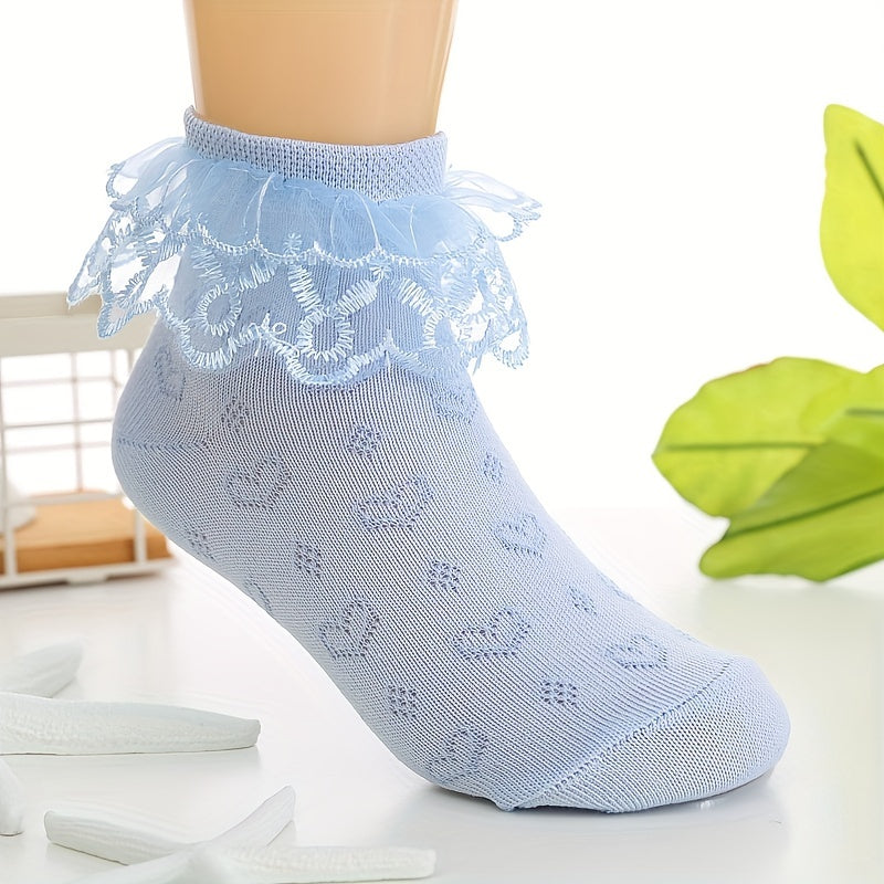 4 Pairs Kids' Heart Lace Crew Socks, Breathable Thin, Boys Girls