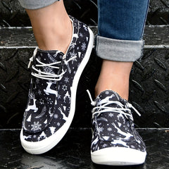 Women's Christmas Deer Sneakers Lace Up Flat Casual Shoes
