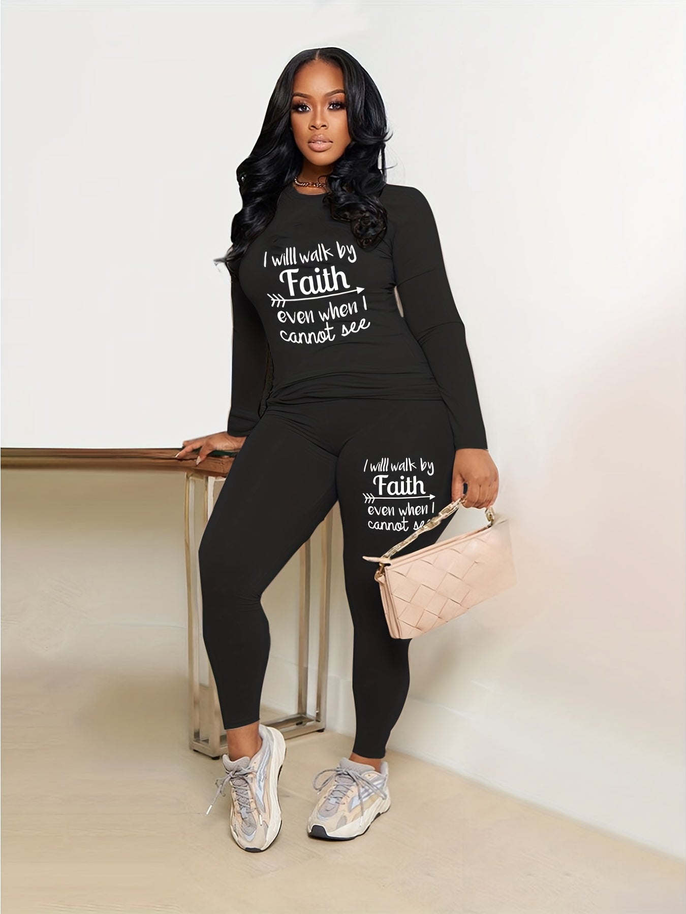 Casual 2pc Set: Crew Neck Top & Slim Pants