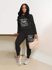 Casual 2pc Set: Crew Neck Top & Slim Pants