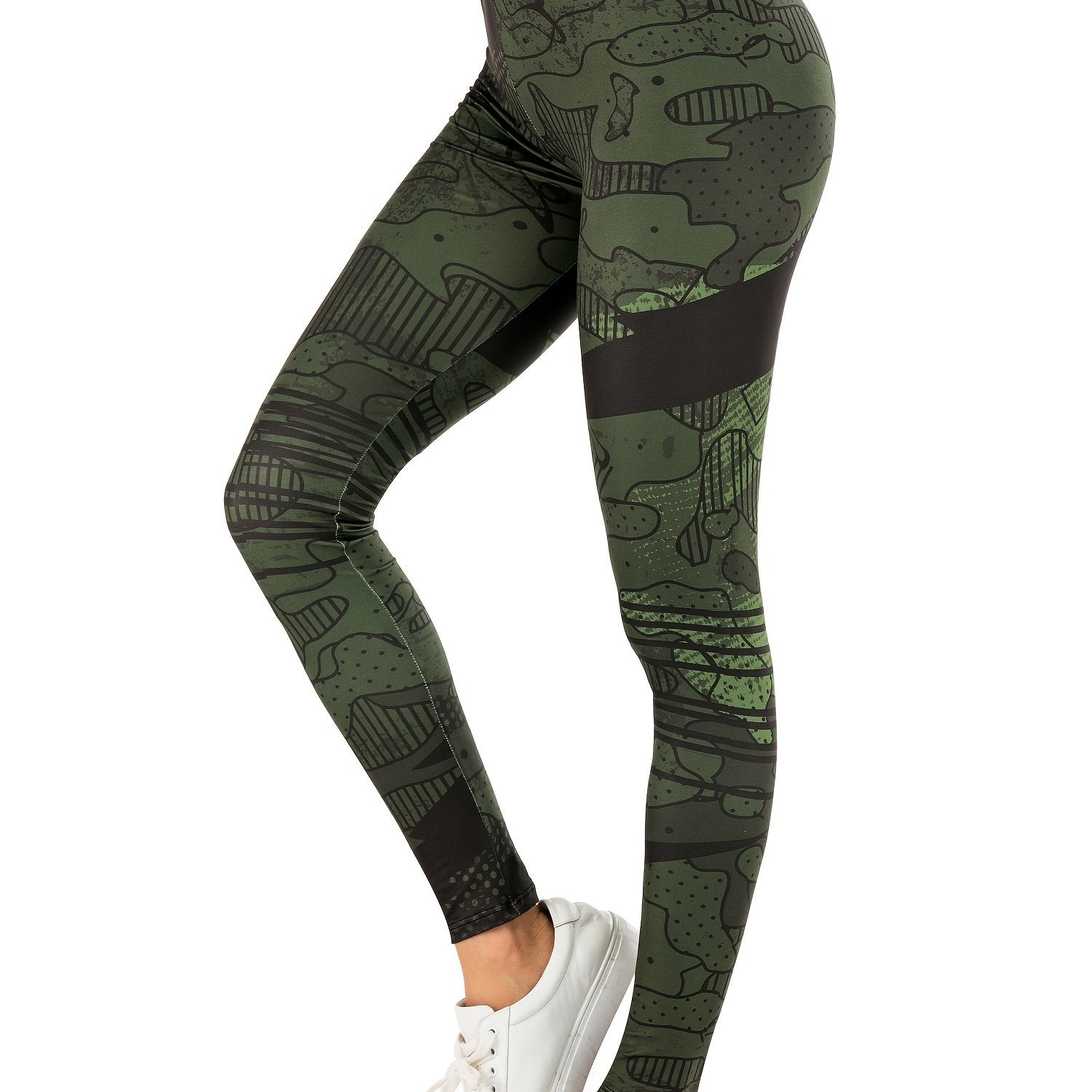 Sexy Green Graffiti Print Leggings High Waist Slim Leggings