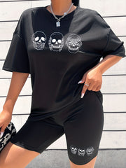 Skull Print Two piece Set Short Sleeve T shirt & Skinny Shorts