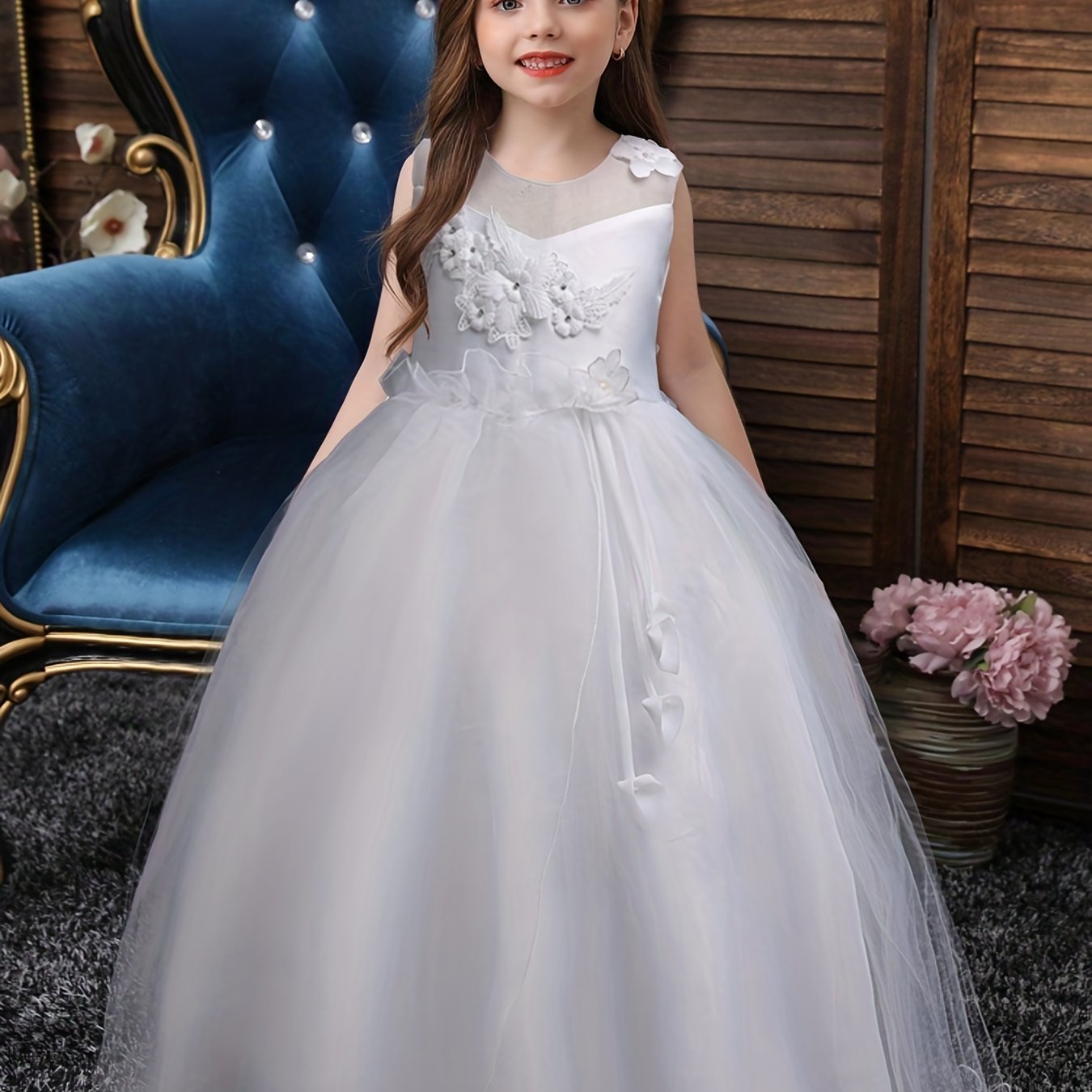 Girls Princess Dress Sleeveless Flower Embroidery Mesh Tutu Dress