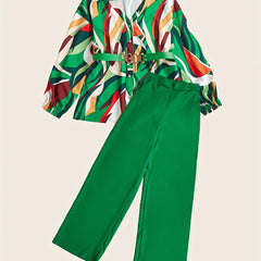 Geo Print Button Front Blouse & Solid Wide Leg Pants Set