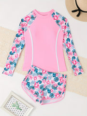 Girls Flower Print Swimsuit 2pc Set Long Sleeve Top & Shorts for Swim Training