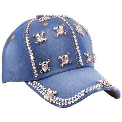 Metal Skull Patch Baseball Cap Distressed Denim Sports Hat