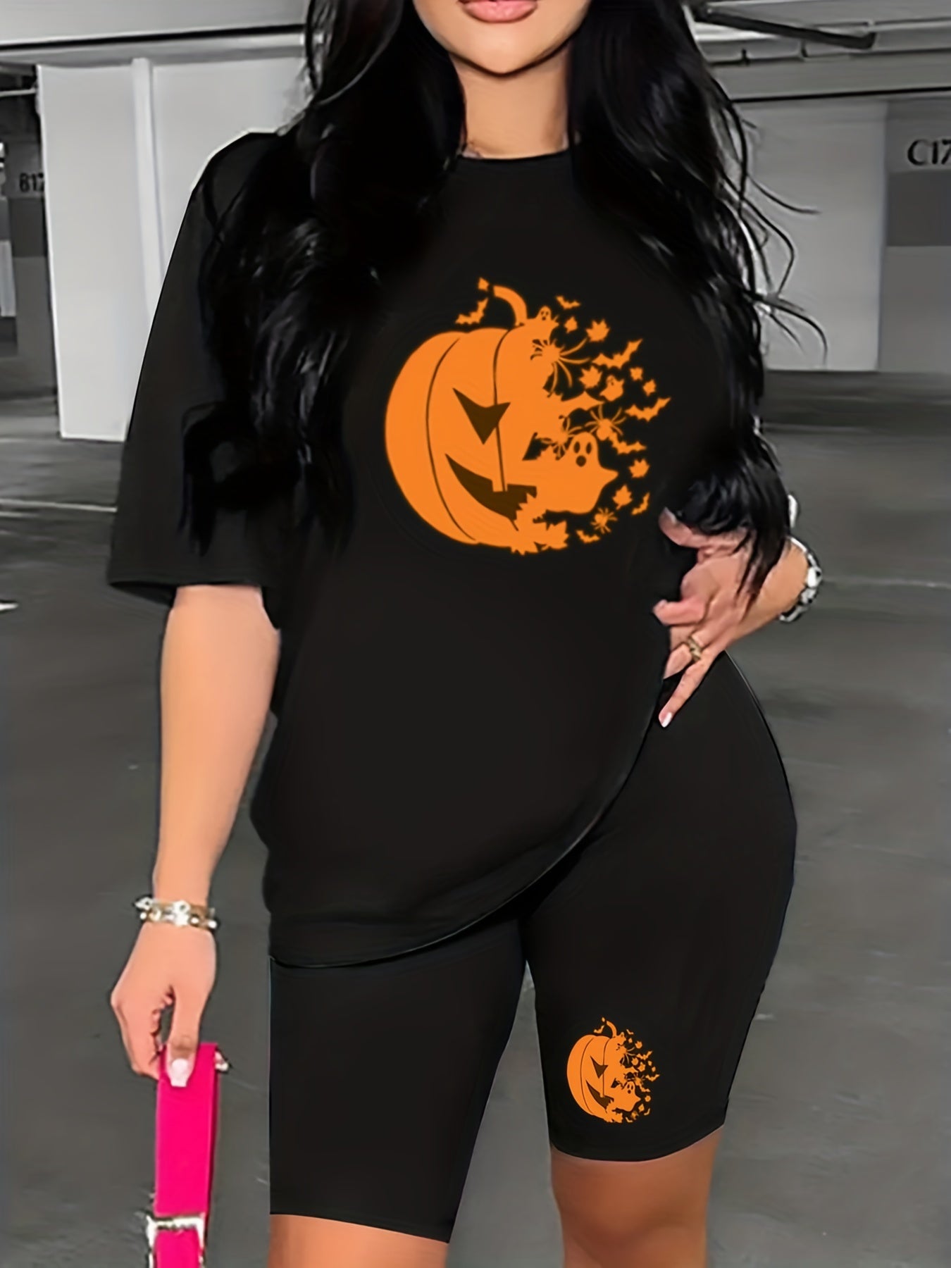 Halloween Pumpkin Print 2pc Set Tee & Biker Shorts Outfit