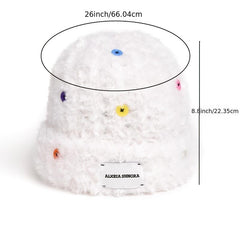 Winter Women's Warm Velvet Hat With Colorful Buttons Solid Thick Bucket Hat
