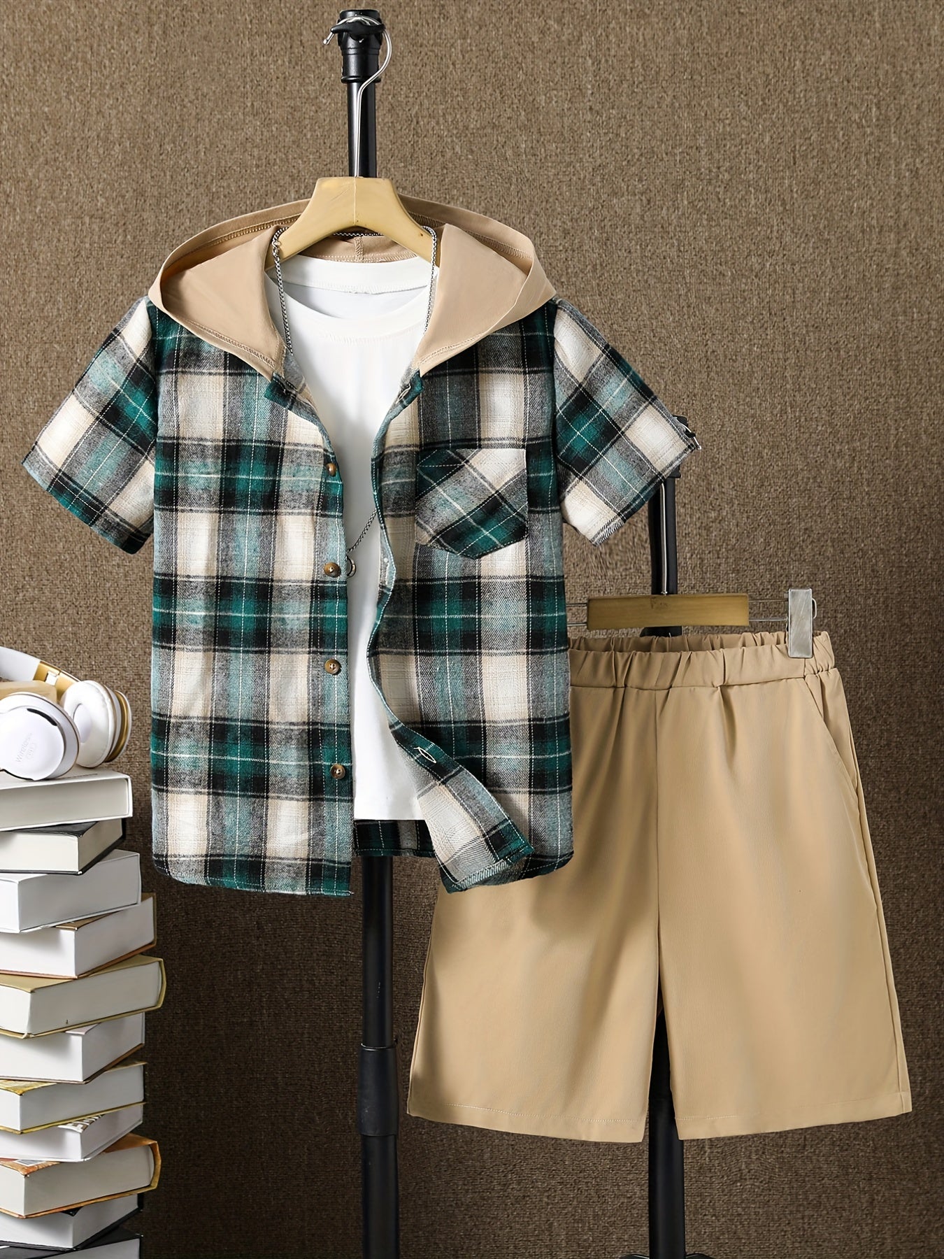Boys 2pcs Plaid Hooded Shirt & Shorts Set Short Sleeve Top Casual Kids Summer