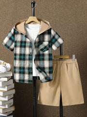 Boys 2pcs Plaid Hooded Shirt & Shorts Set Short Sleeve Top Casual Kids Summer