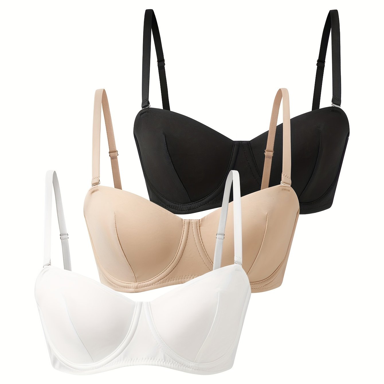 3pcs Solid Push Up Bras Comfy & Breathable Women's Lingerie