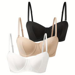 3pcs Solid Push Up Bras Comfy & Breathable Women's Lingerie
