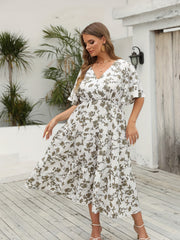 Floral Print V Neck Maxi Smock Dress