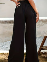Solid Paper Bag Waist Pants Casual Wide Leg Long Length Pants