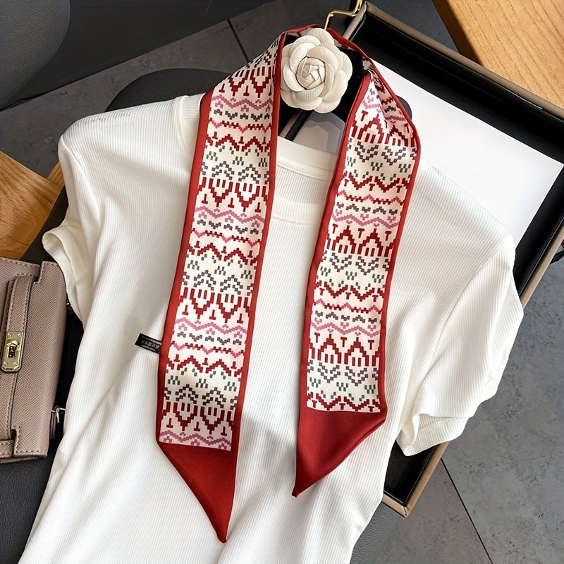 Geometric Print Red Skinny Scarf Silk Hair Ribbon Satin Neckerchief