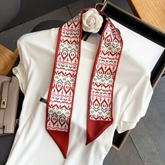 Geometric Print Red Skinny Scarf Silk Hair Ribbon Satin Neckerchief
