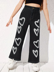 Heart Print High Waist Flared Rip Jeans Destroyed Denim Pants