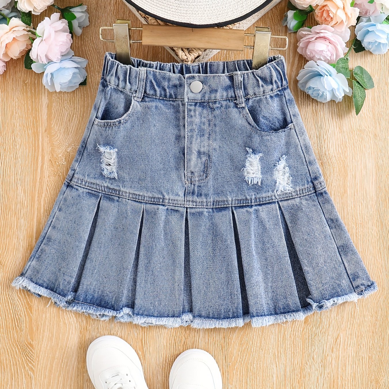 Girls Casual Ripped Denim Skirt Pleated Elastic Waist Kids Mini Skirt