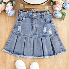 Girls Casual Ripped Denim Skirt Pleated Elastic Waist Kids Mini Skirt