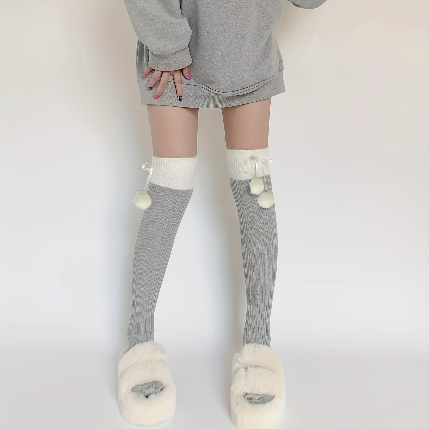 Colorblock Thigh High Pompom Socks Women's Stockings