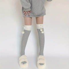 Colorblock Thigh High Pompom Socks Women's Stockings
