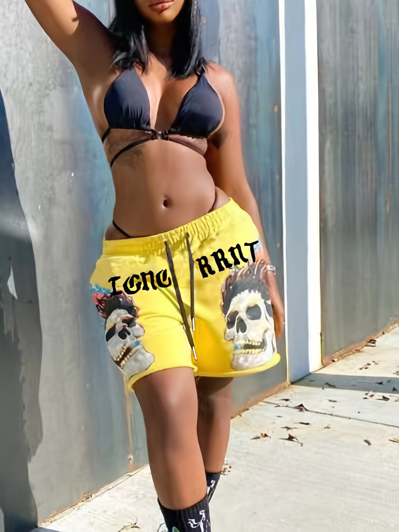 Skull Print Drawstring Shorts Elastic Waist Wide Leg