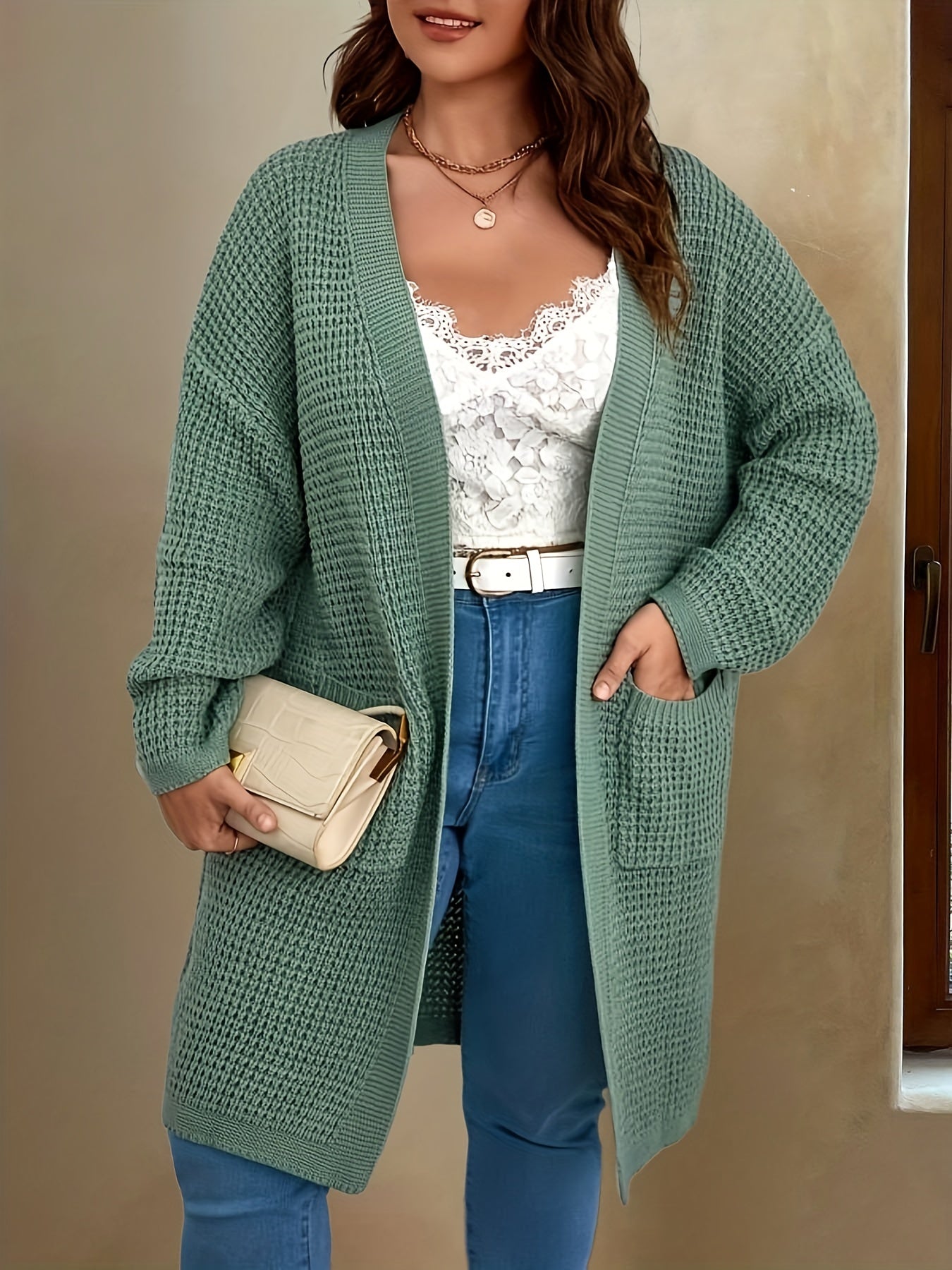 Waffle Pattern Longline Sweater Cardigan