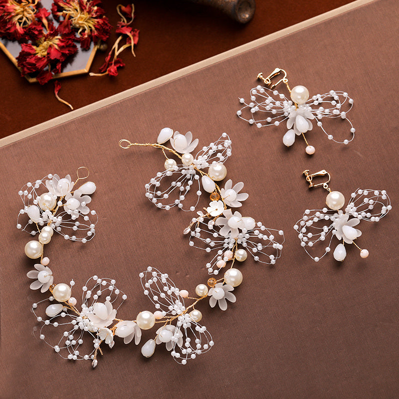 Boho Wedding Bride Pearl Crown Hairband Earrings Set Bridal Jewelry