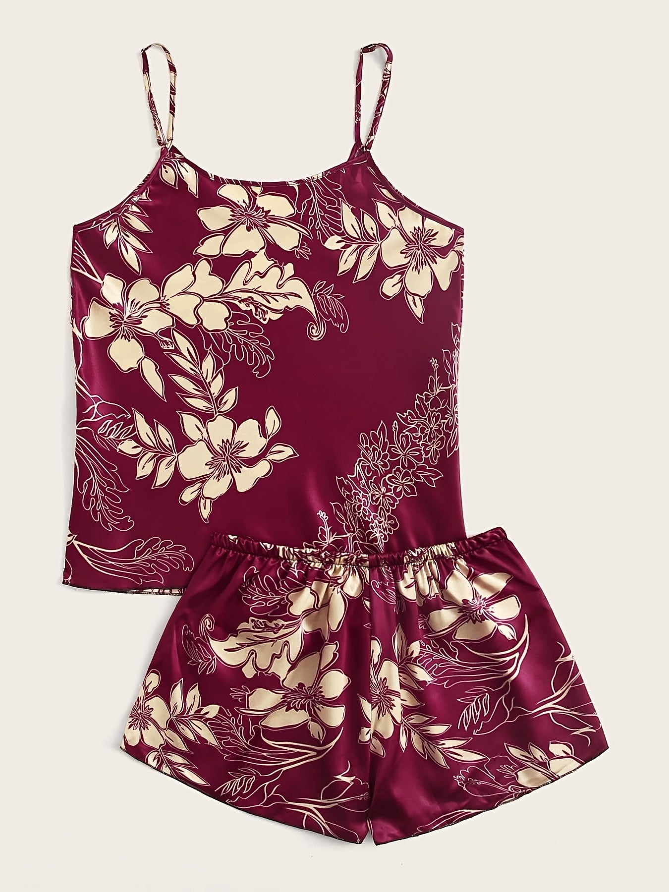 Floral Satin Pajama Set Retro Style Cami Top & Shorts