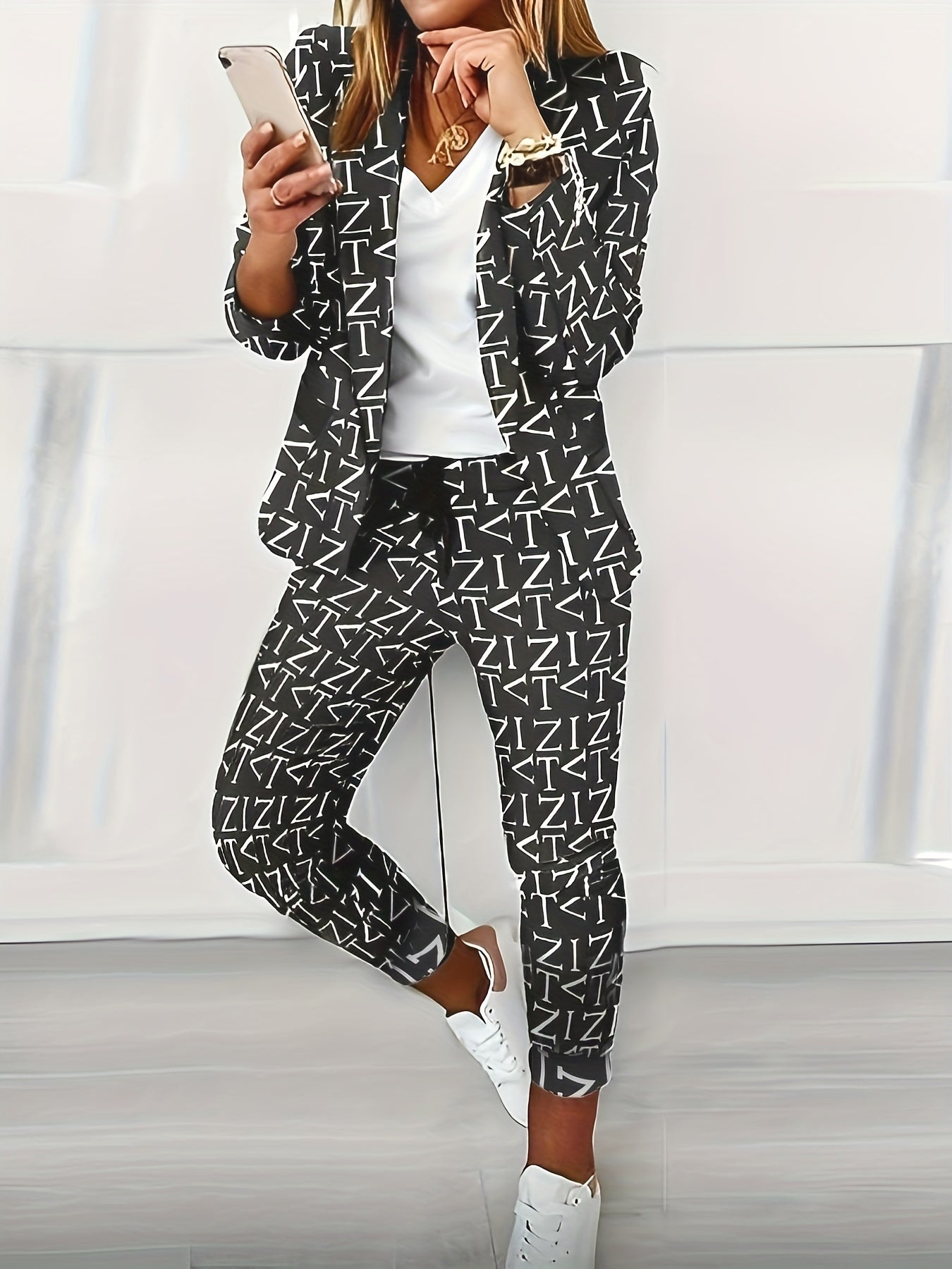 Allover Print Blazer & Pants Set for Women