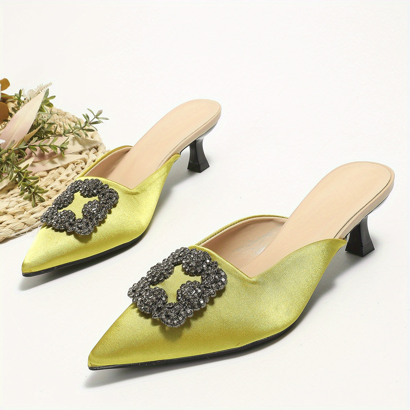 Satin Kitten Heels Rhinestone Slingback Sandals