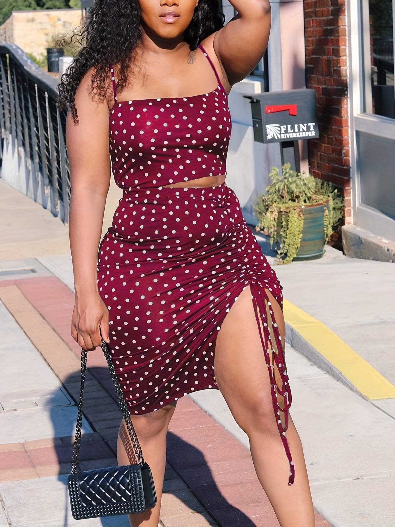 Polka Dot Two piece Skirt Set Crop Cami Top & Drawstring Skirt