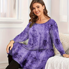 Women's Plus Tie Dye Long Sleeve Round Neck Loose Fit Mini Dress