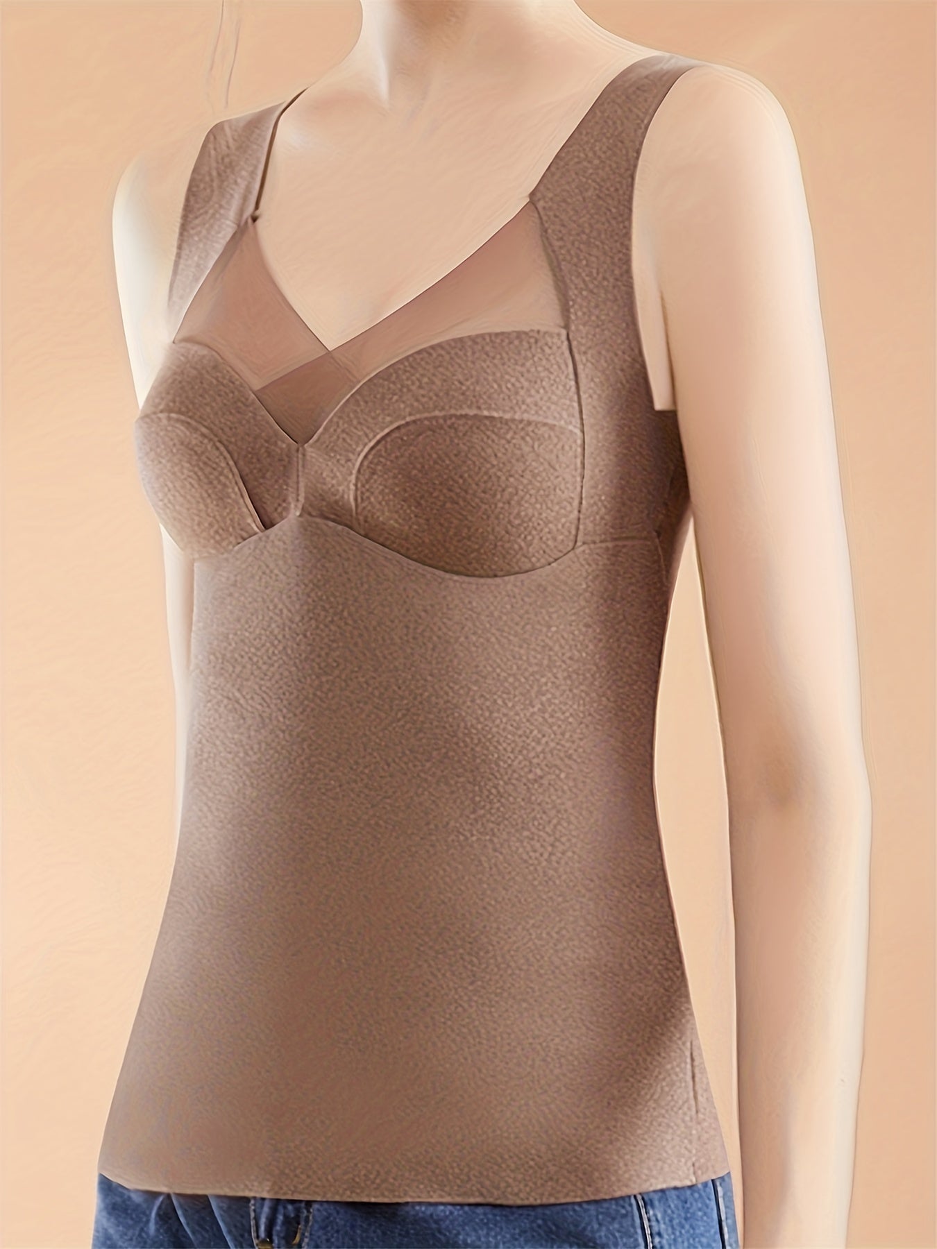 Contrast Mesh Tank Top V Neck Padded Thermal Top