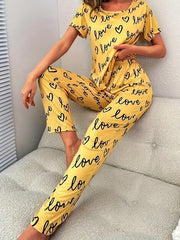 Heart & Letter Print Lounge Set Short Sleeve Top & Pants Women's Sleepwear