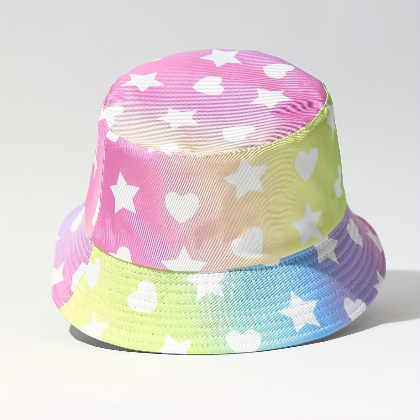 Gradient Pink Bucket Hat Star Heart Print Lightweight Sunscreen Fisherman Cap