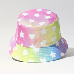 Gradient Pink Bucket Hat Star Heart Print Lightweight Sunscreen Fisherman Cap
