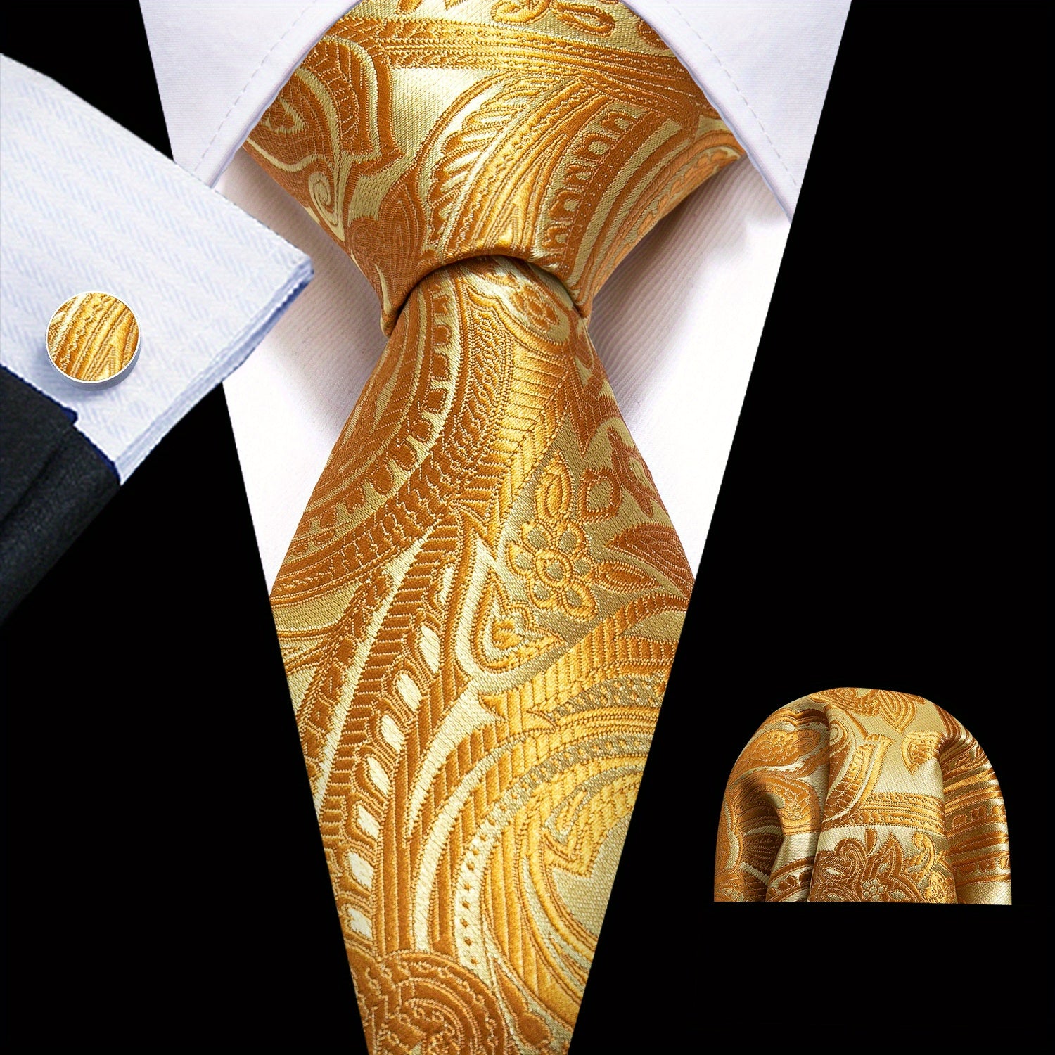Barry Wang Men's Tie Golden Floral Jacquard Set