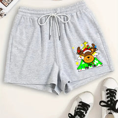 Reindeer & Snowflake Print Drawstring Shorts