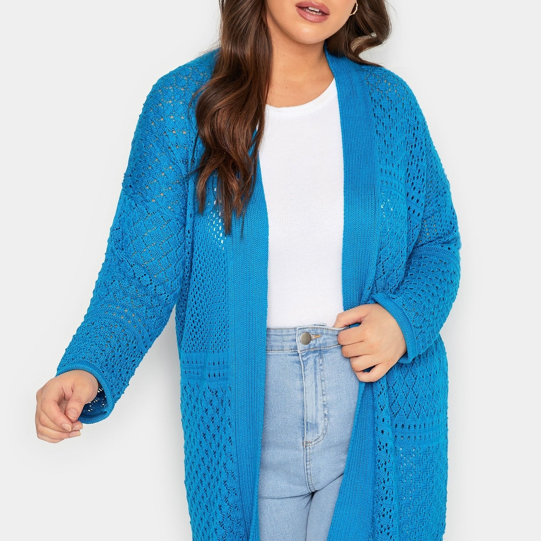 Solid Hollow Out Open Front Cardigan