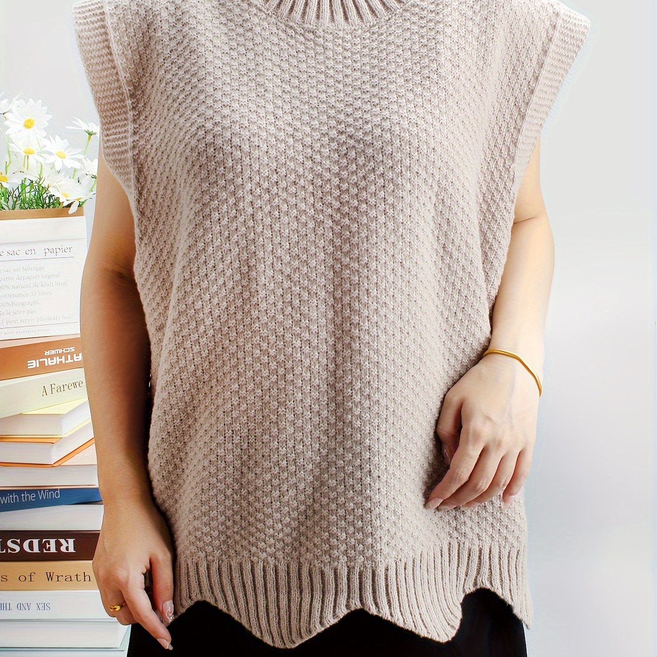 Casual Sweater Vest Floral Trim Knit Vest