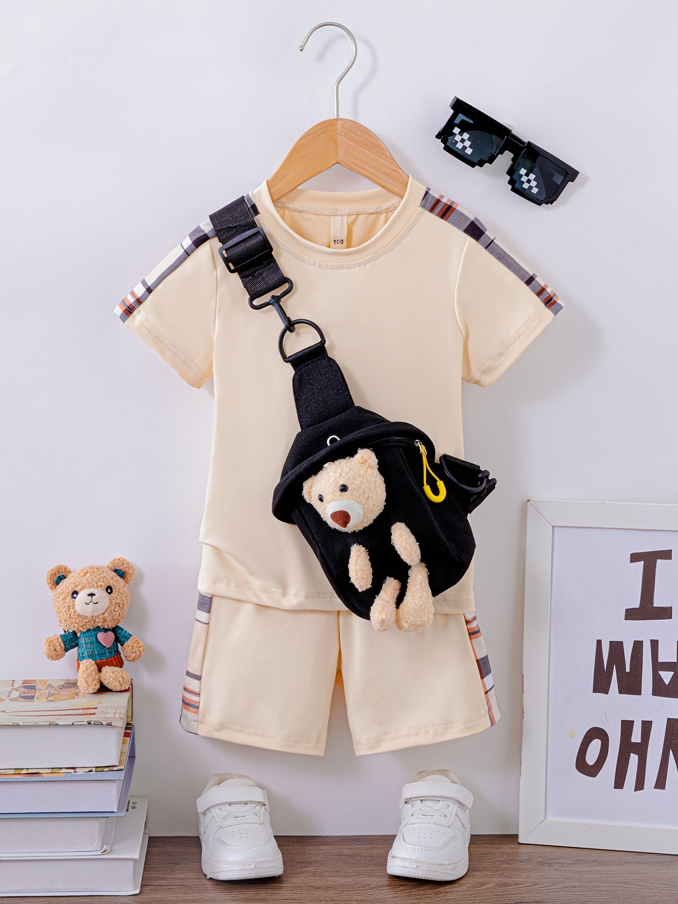 Boys Plaid Print T-shirt Top & Shorts & Bear Bag 3pcs Set